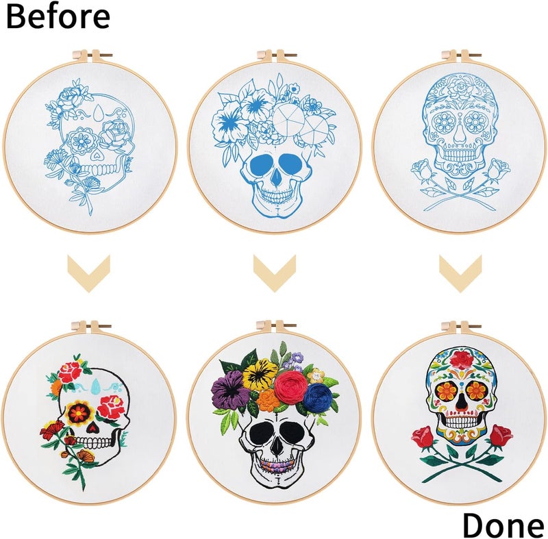 Nuberlic 3 Pack Halloween Skull Embroidery Kit for Adults Beginner Cross Stitch Kits for Starters with Skull Patterns Include 3 Hoop Cloth Thread Needles and Instructions - Image 3